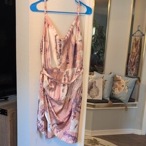 Simple Pink and Gold Ruched Wrap Mini Dress